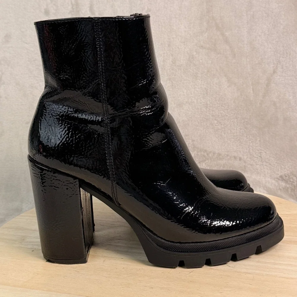 Steve Madden Vintage Black Patent Platform Ankle Boots Block‎ Heel Lug Sole 10M